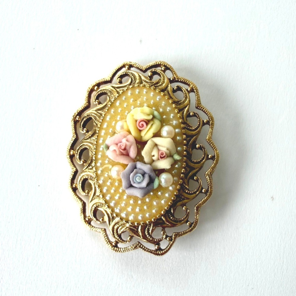 Vintage Gold Tone Oval Filigree Brooch with Porcelain Roses and Faux Pearls
